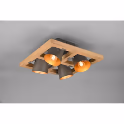 Le plafonnier BELL par Trio Lighting a un cadre en bois carré avec 4 spots coniques réglables en métal nickel et un intérieur ...