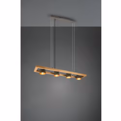 La lampe à suspension BELL par Trio Lighting a un cadre en bois rectangulaire avec 4 spots coniques réglables en métal nickel ...