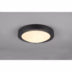 Le plafonnier CONDUS par Trio Lighting est composé d'une structure ronde avec un bord en métal noir mat et un diffuseur en ve ...