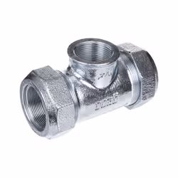 raccord en fonte malléable galvanisée, 2 raccordements à compression, joint NBR, bague acier zinguée, avec piquâge en T femel ...