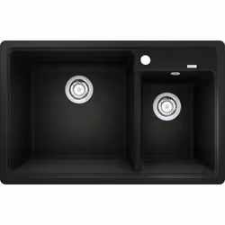 Évier de cuisine Legra 8, bac à gauche couleur noire matériau SILGRANIT® évier à deux bacs sans égouttoir convient pour monta ...