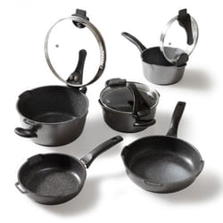 STONELINE® FUTURE Batterie de Cuisine 8 pcs - avec Couvercle en Verre avec Fonction Passoire - Revêtement Antiahésif - Induction