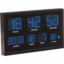 Horloge murale radio-pilotée LED bleues - LUNARTEC - Grand format - Date et température automatiques
