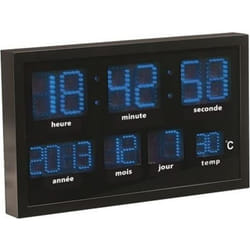 Horloge murale radio-pilotée LED bleues - LUNARTEC - Grand format - Date et température automatiques