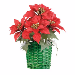 Composition florale de Noël avec poinsettias et panier tissé