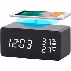 Réveil LED - INFACTORY - Noir - Chargeur Qi - Programmation 3 alarmes - Radio-réveil