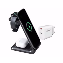 Station de chargement sans fil 3 en 1 avec chargeur secteur 20 W - coloris noir