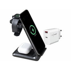 Station de chargement sans fil 3 en 1 avec chargeur secteur 20 W - coloris noir