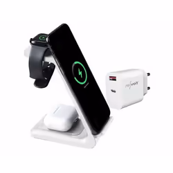 Station de chargement sans fil 3 en 1 avec chargeur secteur 20 W - coloris blanc