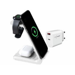 Station de chargement sans fil 3 en 1 avec chargeur secteur 20 W - coloris blanc