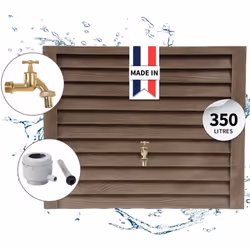 Réservoir d’eau de pluie décoratif, imitation bois rustique. Monobloc, sans soudure. A positionner contre un mur. Grand volum ...