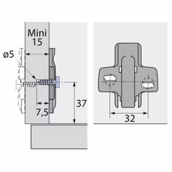 Brevetées "Hettich Direkt". Avec vis spéciales prémontées et tenons pilotes en plastique pour perçages Ø 5 x 7,5 mm. Trous ob ...