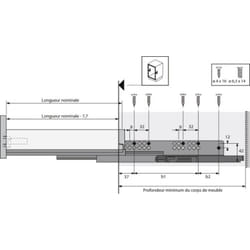 Coulisses à billes pour tiroir InnoTech Atira - charge 50kg - sortie totale - Quadro V6+ Silent System - l 420 mm Hettich