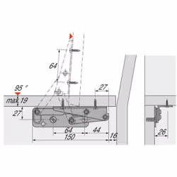 Compas d'articulation pour coffres ou banquettes d'angle. La ferrure bascule de manière à ce que la partie relevable reste en ...