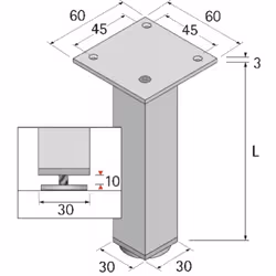 Réglable + 10 mm en continu. Avec embase en acier, époxy argent. Patin fileté plastique. Matière plastique. Revêtement alumin ...
