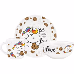 Ensemble de petit déjeuner Pummel & Friends Pummeleinhorn - 3 pièces de vaisselle en porcelaine : assiette bol et tasse