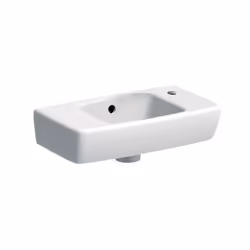 Lave-mains en céramique avec trop-plein. Trou de robinetterie à droite. Plage de dépose à gauche.Adapté pour les petites sall ...