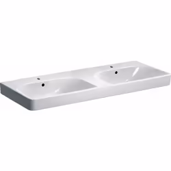 Lavabo double avec deux trous de robinetterie et deux trop-pleins couleur : blanche matériau : céramique sanitaire 2 trop-ple ...