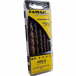 Jeu de mèches à bois hélicoïdale, HSS-G,5 pcs,boîte en plastique Ø 3,4,5,6,8 mm FAMAG - 1594.835 - Pointe de centrage et 2 tr ...