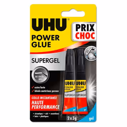 Colle - UHU - Power glue gel - Ultra forte - 2 tubes de 3g - Résiste à leau