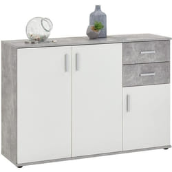 Buffet bicolore - Décor gris béton LA et blanc - 3 portes + 2 tiroirs - L1205 x H83 x P35 cm - Fabriqué en Allemagne