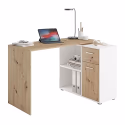 Bureau bicolore d'angle ou droit a choisir au montage - Décor Artisan chene et blanc - 1 Porte + 1 tiroir - L83 x H74 x P117  ...