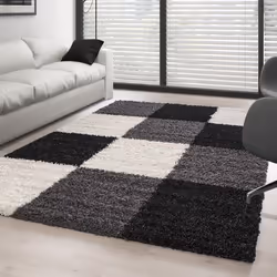Tapis Shaggy - Ayyildiz - 200x290 cm - Noir-Blanc-Gris - Motifs à carreaux - Intérieur