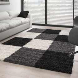 Tapis Shaggy - Ayyildiz - 200x290 cm - Noir-Blanc-Gris - Motifs à carreaux - Intérieur