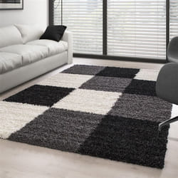 Tapis Shaggy pile longue à carreaux plusiuers couleurs et tailles au choix (60x110 cm - Noir-Blanc-Gris)