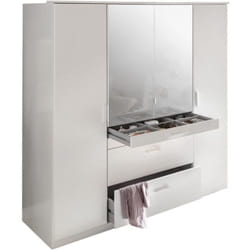 Armoire - Décor blanc - 4 portes battantes + 4 tiroirs + miroirs - L180 x P58 x H199 cm