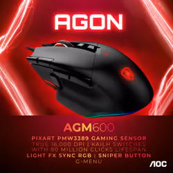 AOC AGON AGM600, Droitier, Optique, USB Type-A, 16000 DPI, 1 ms, Noir
