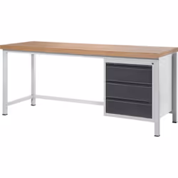 Établi sur piétement, 3 tiroirs, largeur plateau 2000 mm, anthracite métallisé. Produit livré = monté. Type de produit = étab ...