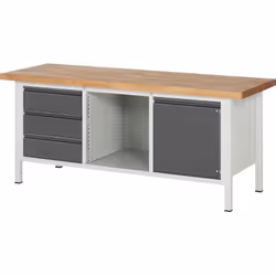 Établi sur piétement, 3 tiroirs, 1 porte, 1 compartiment ouvert, largeur plateau 2000 mm, anthracite métallisé. Produit livré ...