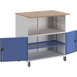 Poste informatique, avec tablette sur toute la largeur et train de roulement, gris clair RAL 7035 / bleu gentiane RAL 5010. P ...