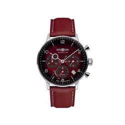 Montre Homme Zeppelin Hindenburg Acier Chrono Solaire Cuir Rouge 8086-2
