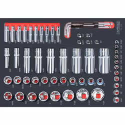 Description générale Module de douilles en pouces 1/4'' - 1/2'', 62 pièces. Indispensable pour la mécanique, ce module est un ...