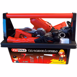 Description générale Caisse à outils pour enfants comprenant une visseuse, des forets, un marteau, des clés, une lime, une sc ...