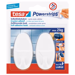 TESA Crochets LARGE OVAL, Crochet pour serviette, Blanc, Plastique, 2 kg, 2 pièce(s), Ampoule