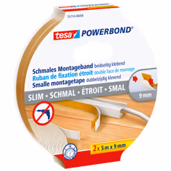 TESA Powerbond ÉTROIT, Adhésif double-face, Multicolore, 5 m, Intérieure, Plastique, Bois, 9 mm