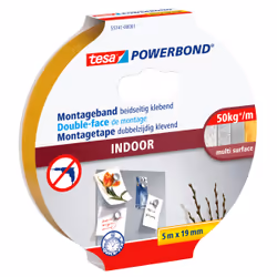 TESA Powerbond INDOOR, Adhésif double-face, Blanc, 5 m, Intérieure, Plastique, Bois, 2 kilogramme par centimètre