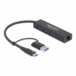 DeLOCK 64149, USB 3.2 Gen 1 (3.1 Gen 1) Type-A + Type-C, 10,100,1000 Mbit/s, Noir, RJ-45, USB 3.2 Gen 1 (3.1 Gen 1) Type-A, C ...