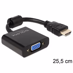 DeLOCK 65512, 0,254 m, VGA (D-Sub), HDMI Type A (Standard), Mâle, Femelle, Noir