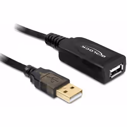 DeLOCK 15m USB 2.0, 15 m, Mâle/Femelle, Noir