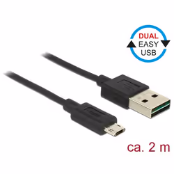 DeLOCK 83850, 2 m, USB A, Micro-USB B, USB 2.0, 480 Mbit/s, Noir