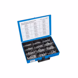 Alu/acier Contenu : - 50 pièces de chaque : 3 x 6, 3 x 8, 4 x 8, 4 x 10, 4,8 x 10, 4,8 x 12, 5 x 10, 5 x 12, 5 x 16, 5 x 18 m ...