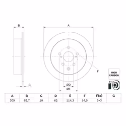 Disque de frein BOSCH 0 986 479 G61 arrière, plein, à haute teneur en carbone, 1 pièce