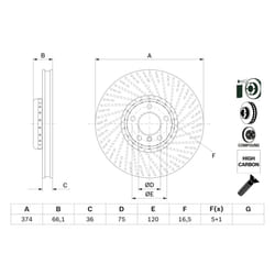 Disque de frein BOSCH 0 986 479 E63 avant, ventilé, à haute teneur en carbone, 1 pièce