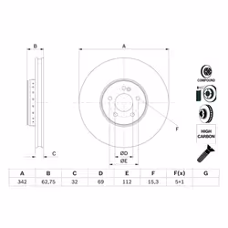 Disque de frein BOSCH 0 986 479 G37 avant, ventilé, à haute teneur en carbone, 1 pièce