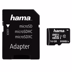 Hama microSDHC 16GB, 16 Go, MicroSDHC, Classe 10, UHS-I, 80 Mo/s, Noir