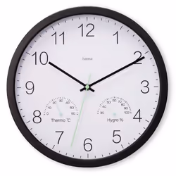 Hama Santorini, Mur, Horloge à quartz, Rond, Noir, Blanc, Plastique, Verre